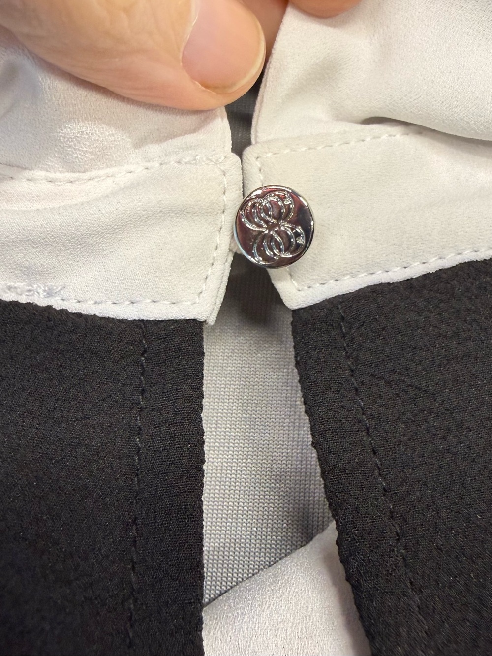 CeCe Black Short-Sleeve Blouse with White Ruffle Peter Pan Collar and Neck Tie - Picture 6 of 12